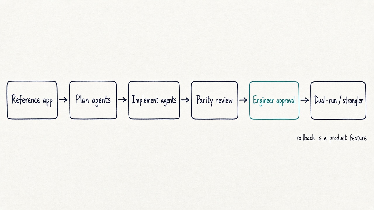 Rollback is a product feature. Reference app to plan agents to implement agents to parity review to engineer approval to dual-run strangler