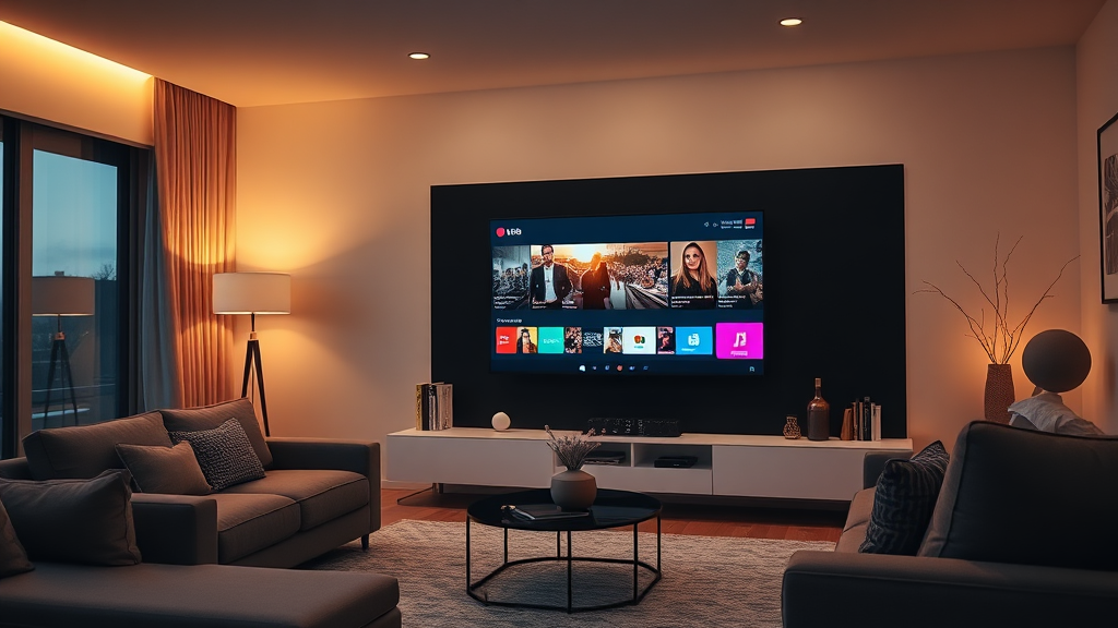 A television screen displaying a horizontal video interface with black framing.