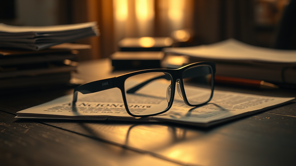 An editorial photo of smart glasses on a desk next to military-grade surveillance documentation