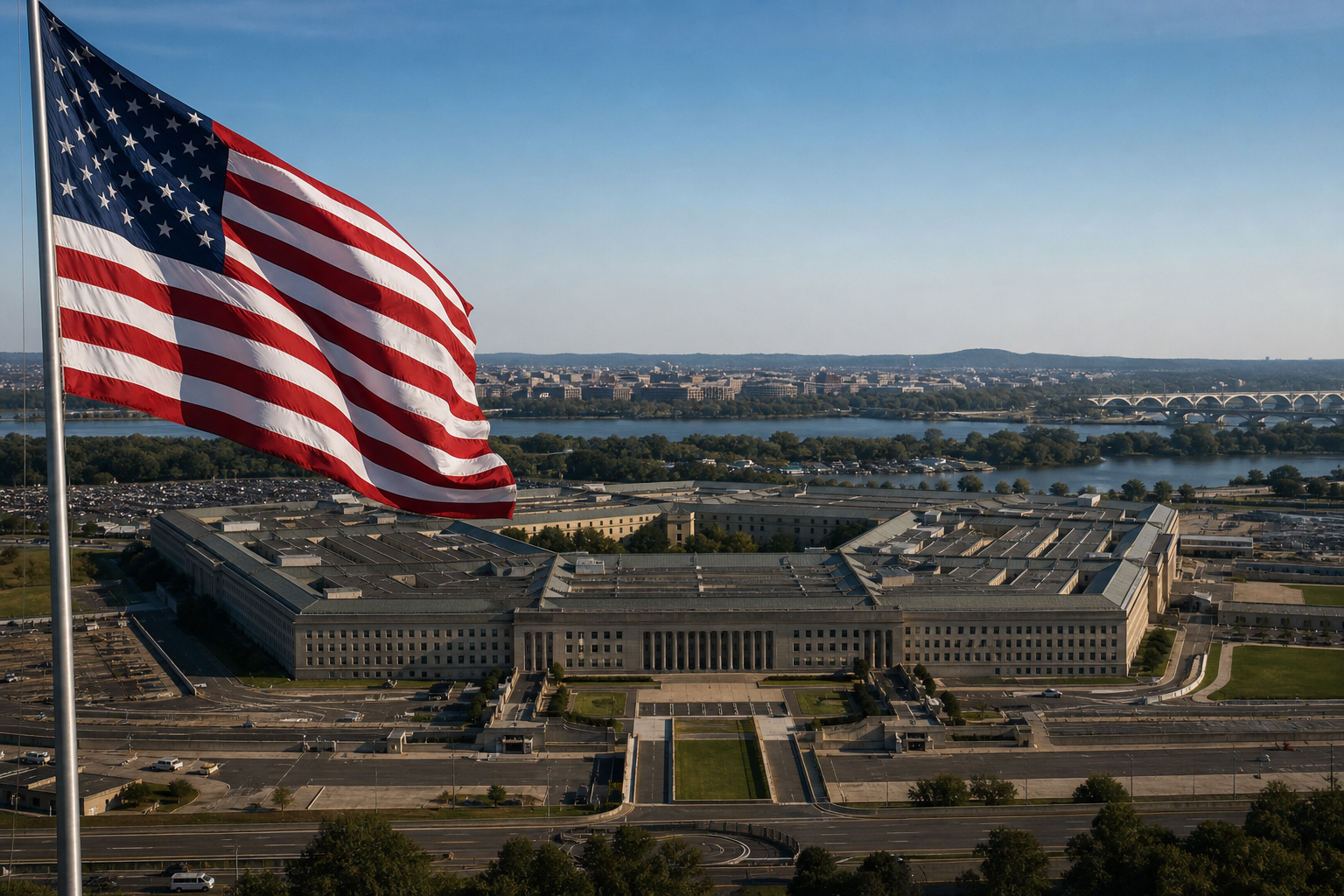 Pentagon building with American flag