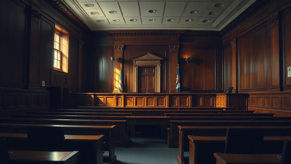 A courtroom interior with empty jury box and wooden paneling