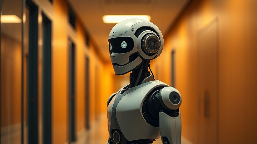 A humanoid robot standing in a modern office environment, simulating administrative tasks.